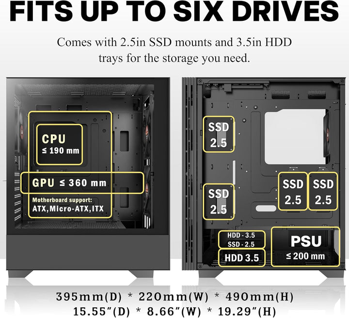 KEDIERS PC Gehäuse ATX Tower Gaming Computergehäuse mit gehärtetem Glas (schwarz + 3-Lüfter NO-LED),