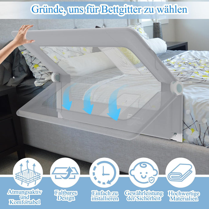 AufuN Bettgitter Bettschuztgitter Portable 150cm, Faltbar Kinderbettgitter für Kinder Babybettgitter