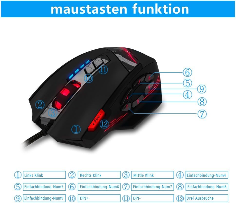 zelotes Kabelgebundene Gaming Maus mit 4000 DPI,12 programmierbarem Tasten,Verstellbarem Gewicht,RGB