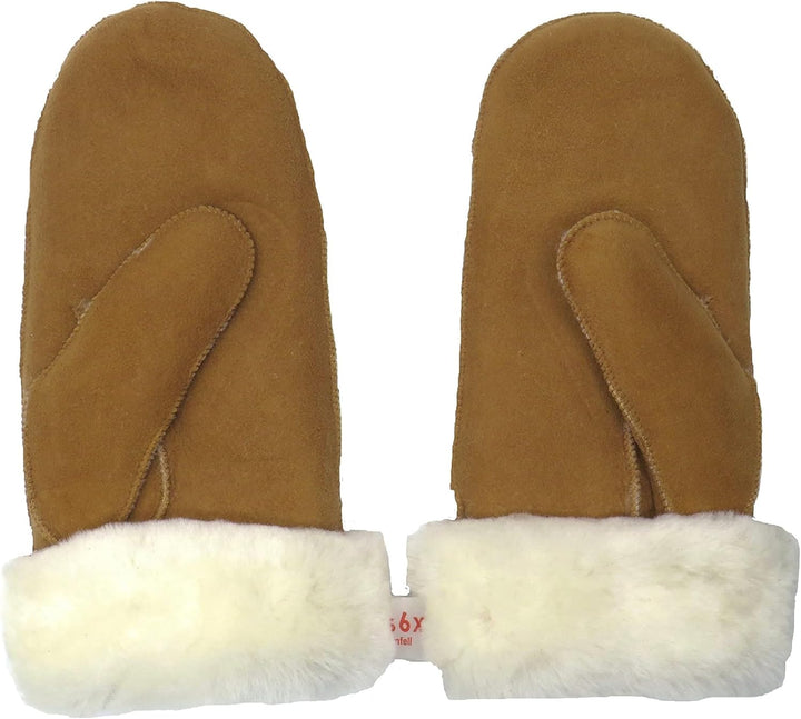 Lammfell Handschuhe Fäustlinge, Fausthandschuhe aus Merino Lammfell, Cognac - braun - olive, Damen -