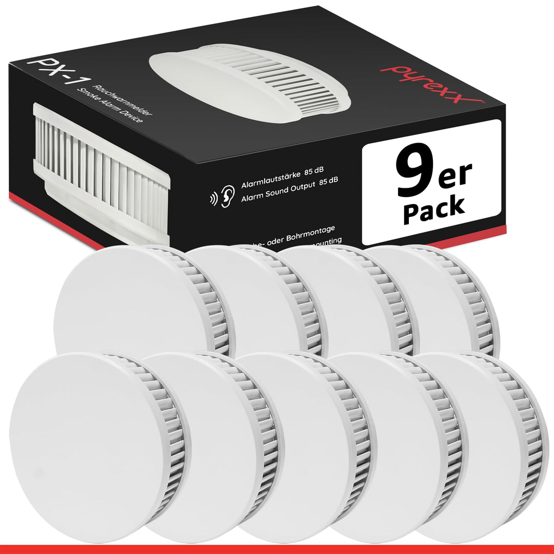 Pyrexx PX-1 Rauchwarnmelder - 9 Stück - 10 Jahre Batterie mit Magnet-Halterung ohne Bohren und LED-B