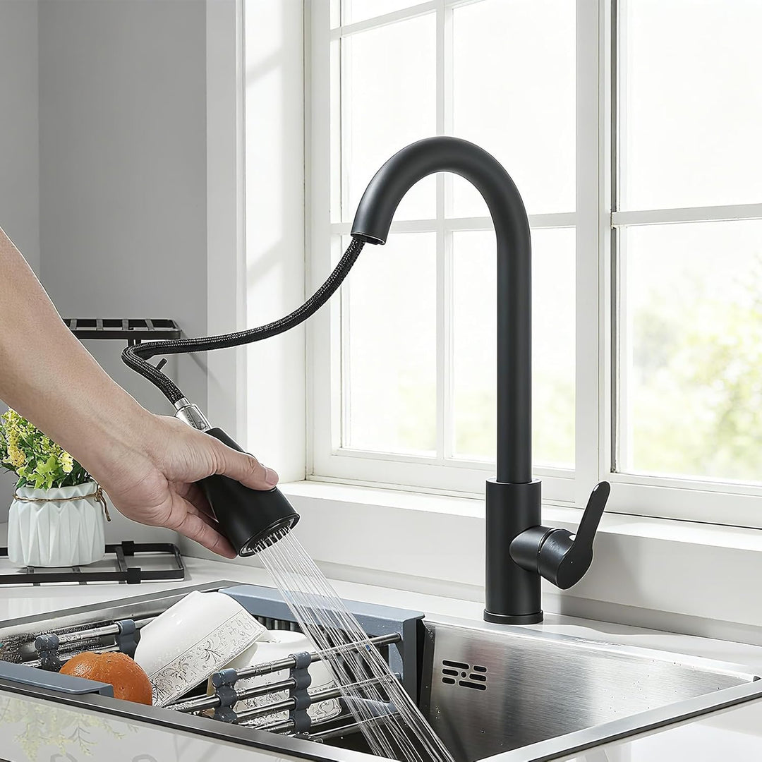Wasserhahn Küche Schwarz mit Brause Ausziehbar Küchenarmatur mit 2 Modi, Armatur Küche Edelstahl 360
