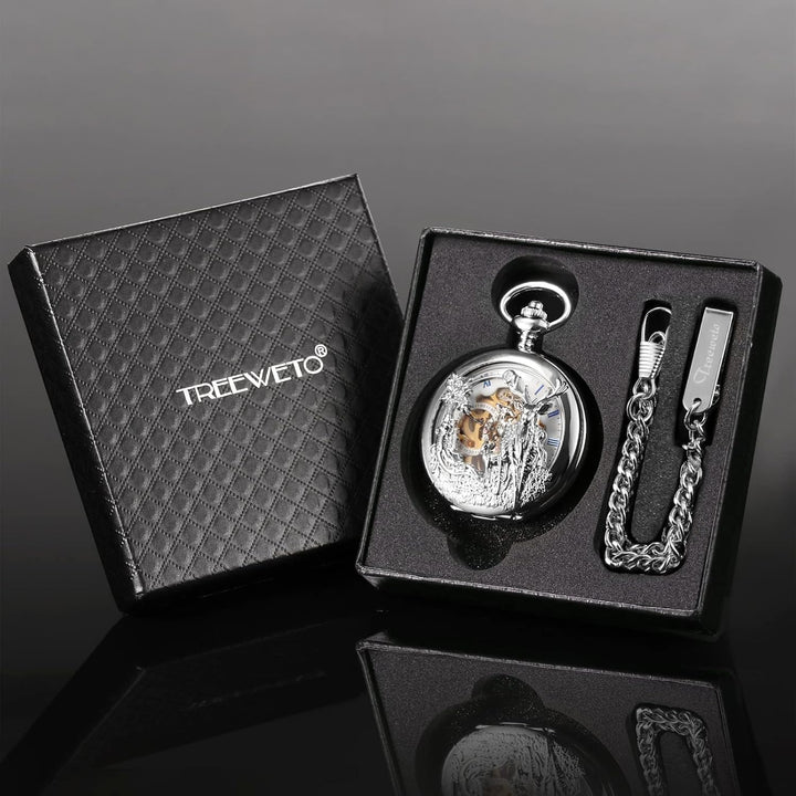TREEWETO Unisex Taschenuhr Analog Handaufzug Retro Rentier Skelett Römische Taschenuhren mit Kette f