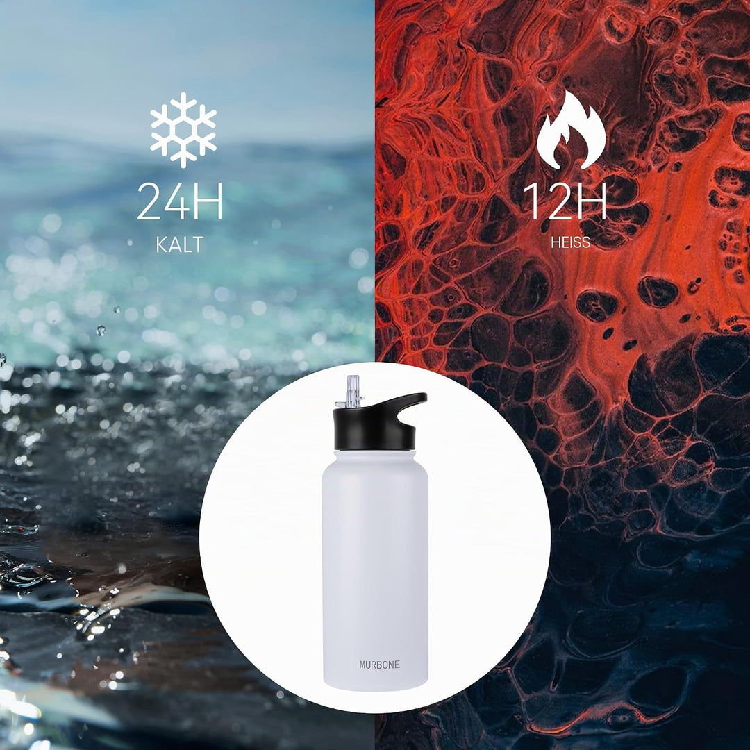 Edelstahl Trinkflasche 1L, (+2 Deckel)-mit Strohhalm,BPA frei,Thermosflasche Auslaufsicher,Kohlensäu