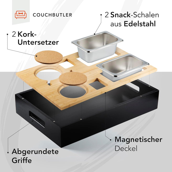 Couchbar Snackbox aus Bambus Personalisierbar inkl. Geschenkbox | Sofa Tablett mit 2 Snackschalen, 2