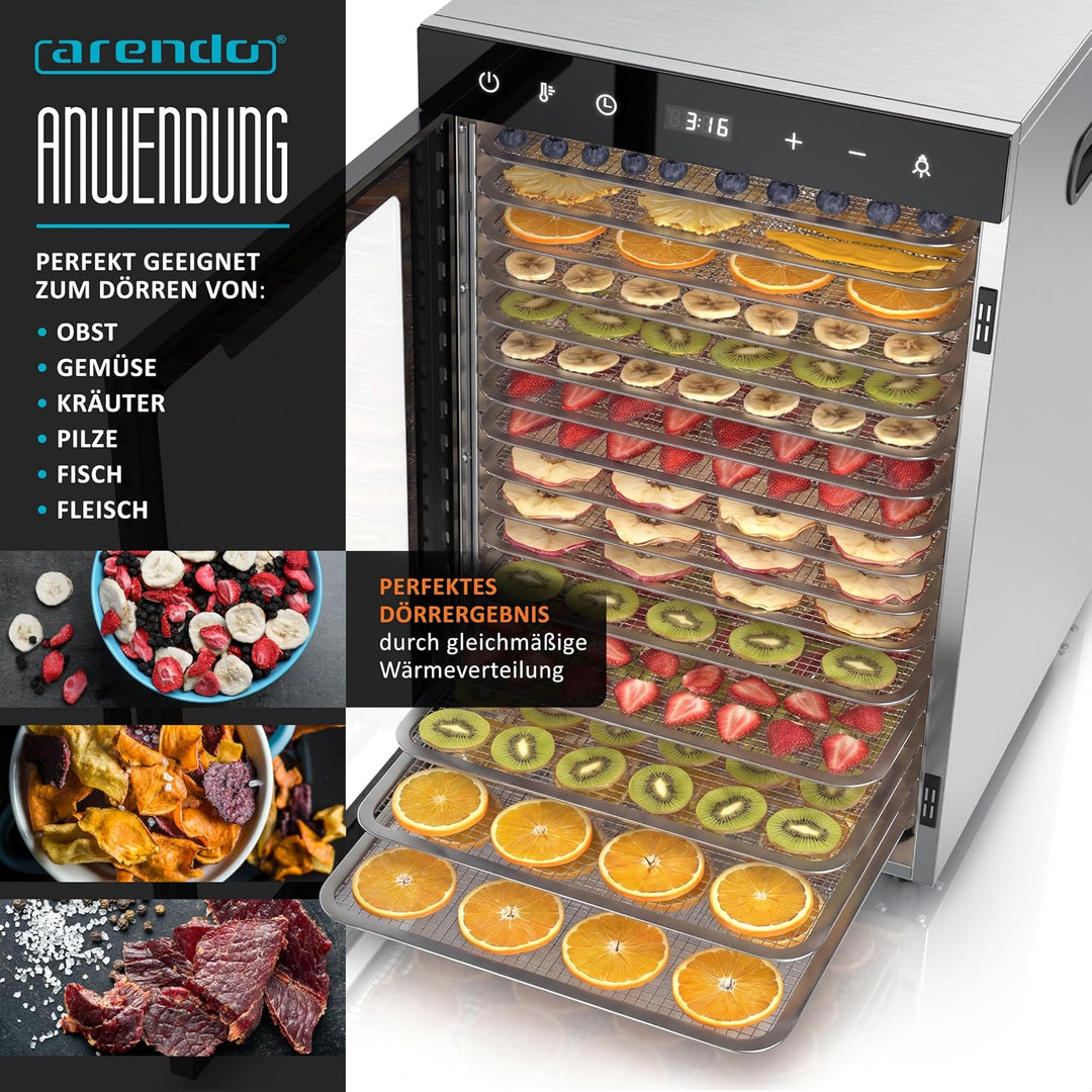 Arendo - Dörrautomat Edelstahl mit 16 Edelstahlgitter - 1000 Watt - 13400 cm² - 8 Programme - Dörrge