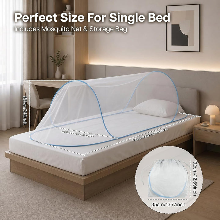 Moskitonetz Bett 200 x 80 x 56 cm, Faltbares Mückennetz für Einzelbett, Reise Camping Insektennetz (
