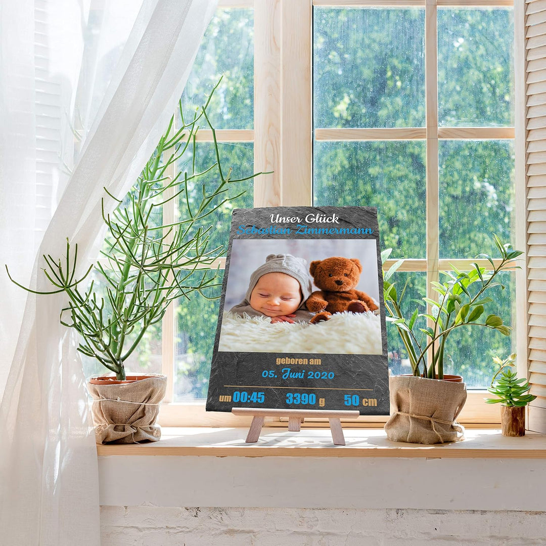 wandmotiv24 Schieferplatte mit eigenem Foto zur Geburt, 20 x 30 cm, inklusive Staffelei, Babyfoto, G