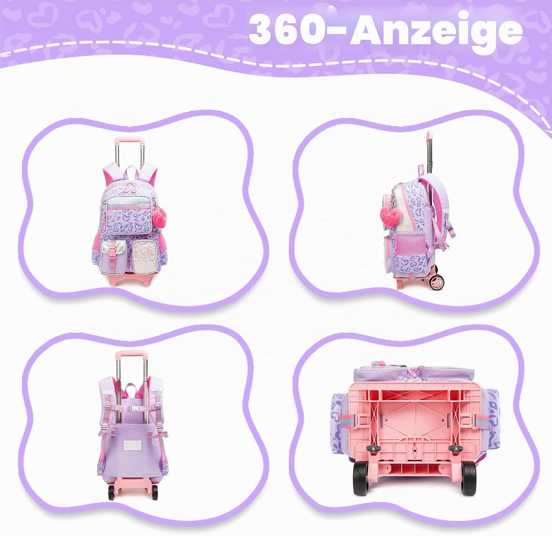 HTgroce Schulranzen Mit Rollen Kinder Trolley Rucksack Mädchen Rolling Reisegepäck Kinderkoffer Schu