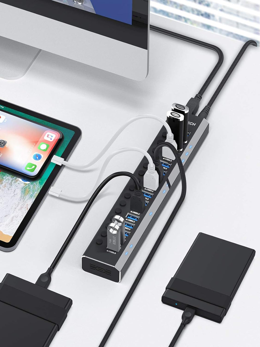 RSHTECH 16 Port USB Hub Aktiv 3.0 mit 100W Netzteil, Aluminium Multiport USB 3.0 Hub mit 12V/8.3A Ne