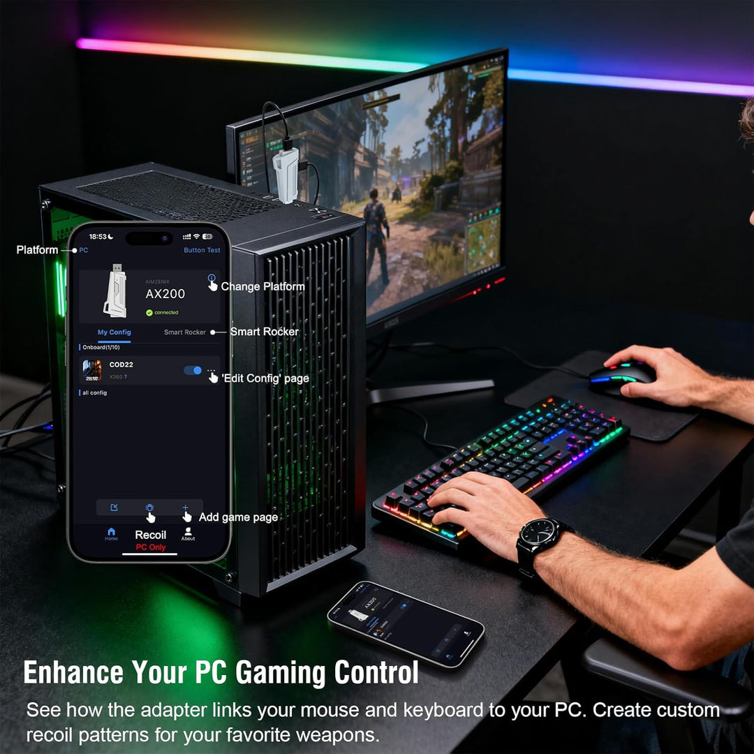 AX200 Computer-Maus und Gaming-Tastatur-Adapter für PC, Unterstützung Key Mapping, Aim Assist, Recoi