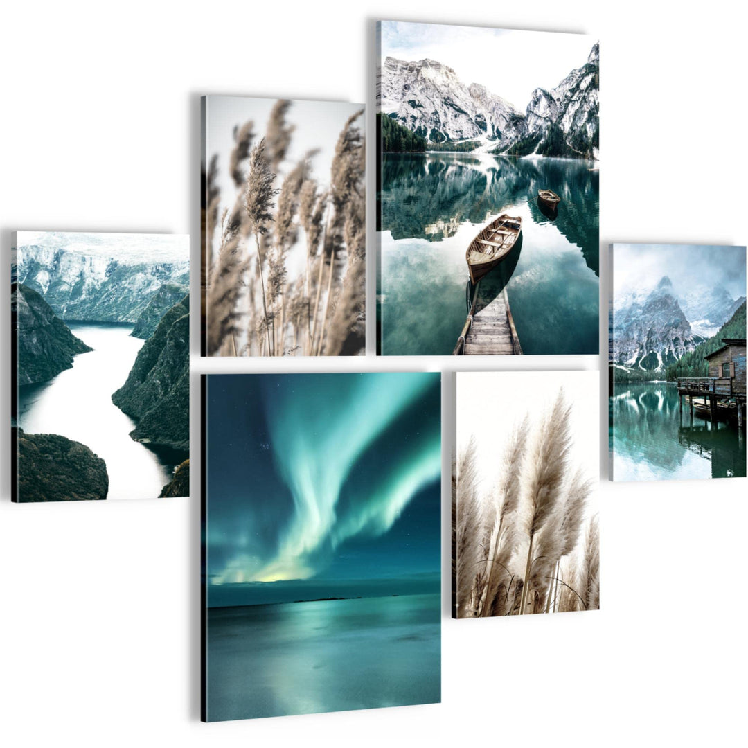 Novart Bilder Set - AUFHÄNGFERTIG - KEIN EXTRA RAHMEN BENÖTIGT - Natur Berge See Modern Aurora Grün