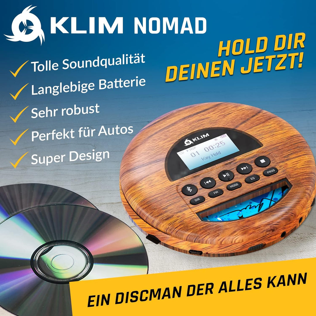 KLIM Nomad Wood - NEU 2023 - Tragbarer CD-Player Discman - langlebigem Akku - Inklusive KLIM Fusion