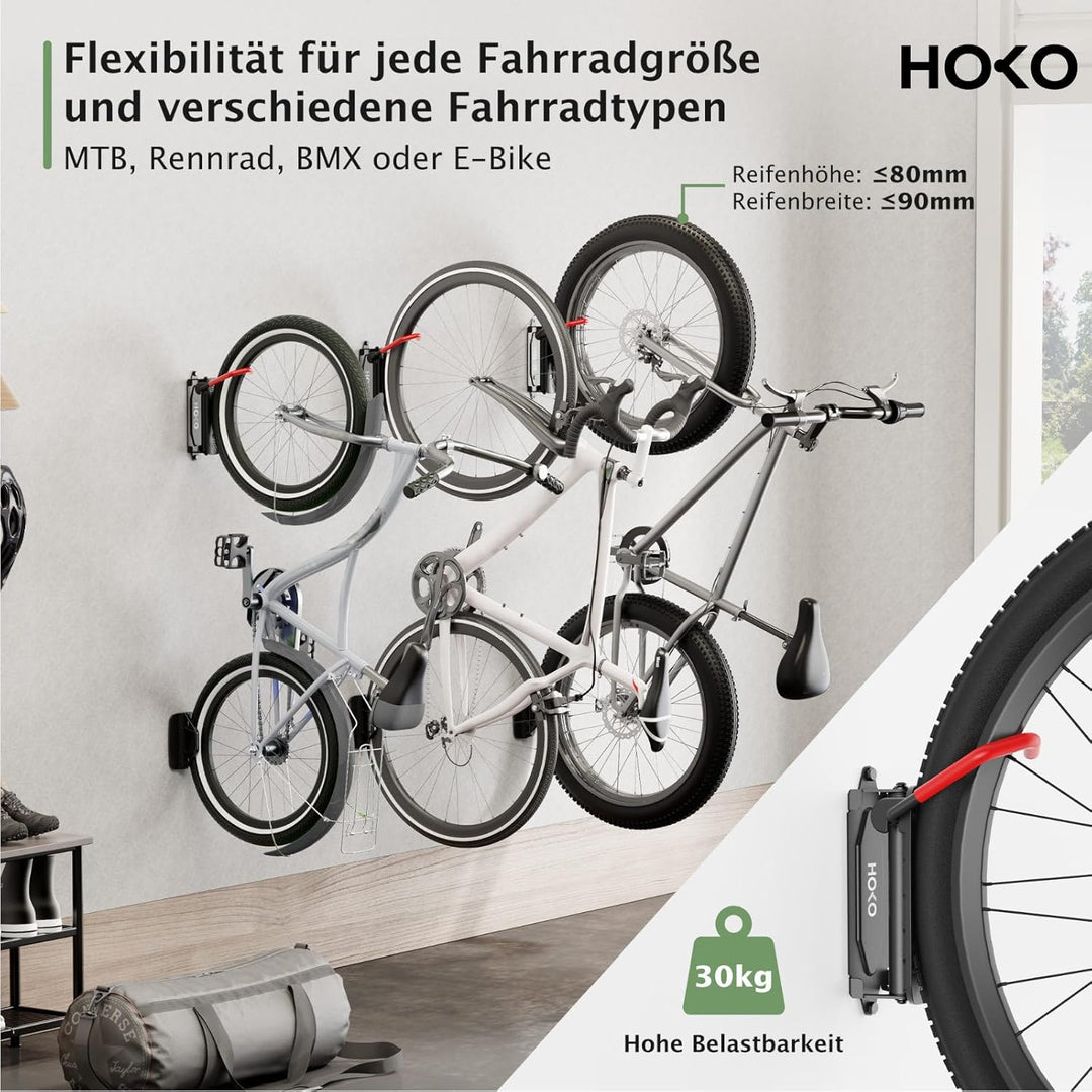 HOKO-VELO 30 2er set Fahrradhalterung Wandmontage mit Hinterrad Halterung – Seitlich schwenkbar, pla