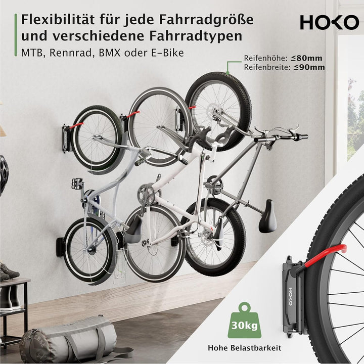 HOKO-VELO 30 2er set Fahrradhalterung Wandmontage mit Hinterrad Halterung – Seitlich schwenkbar, pla