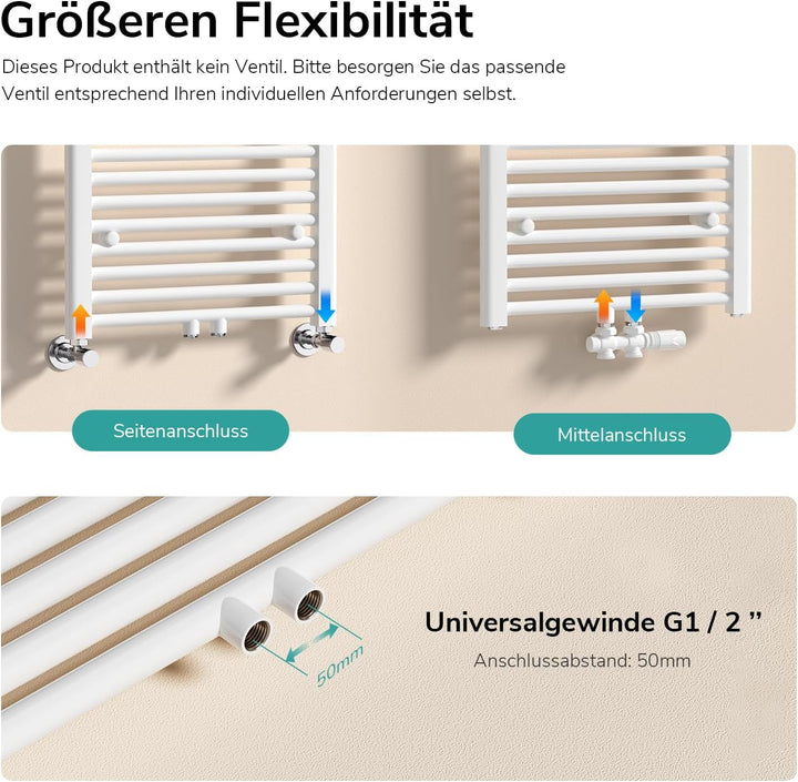 EMKE Handtuchheizkörper Gerade 1200x400 mm - Badheizkörper mit Mittelanschluss, Effizienter Handtuch