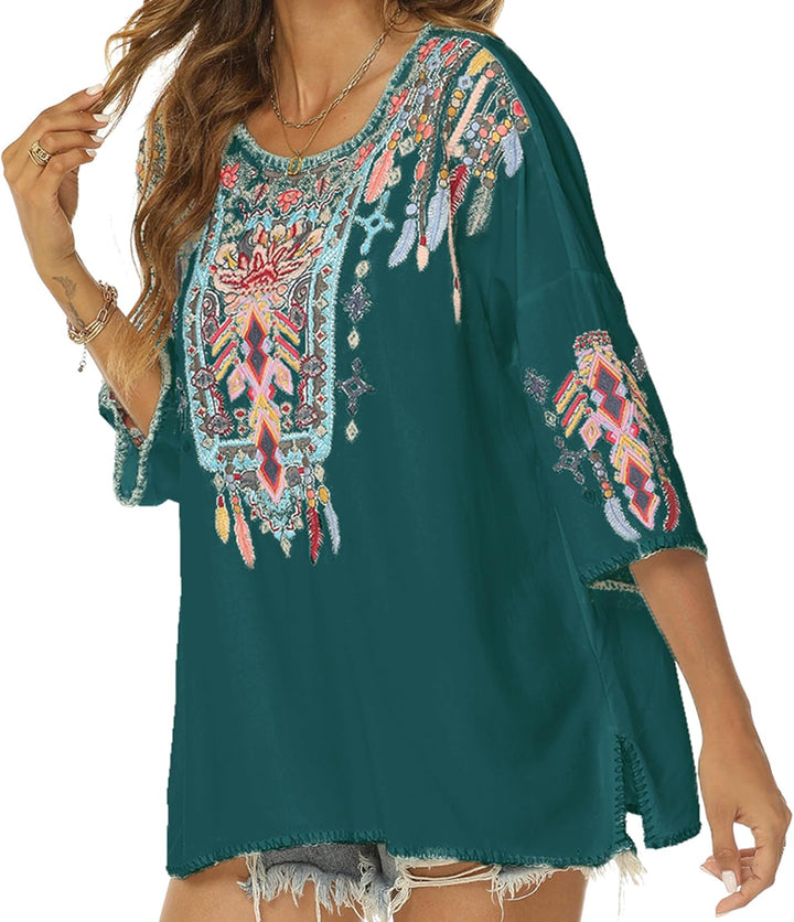 Vakakado Boho Stickerei Bluse Hippie Kleidung Damen 70er 80er Jahre Bekleidung Bohemian Folklore Bes