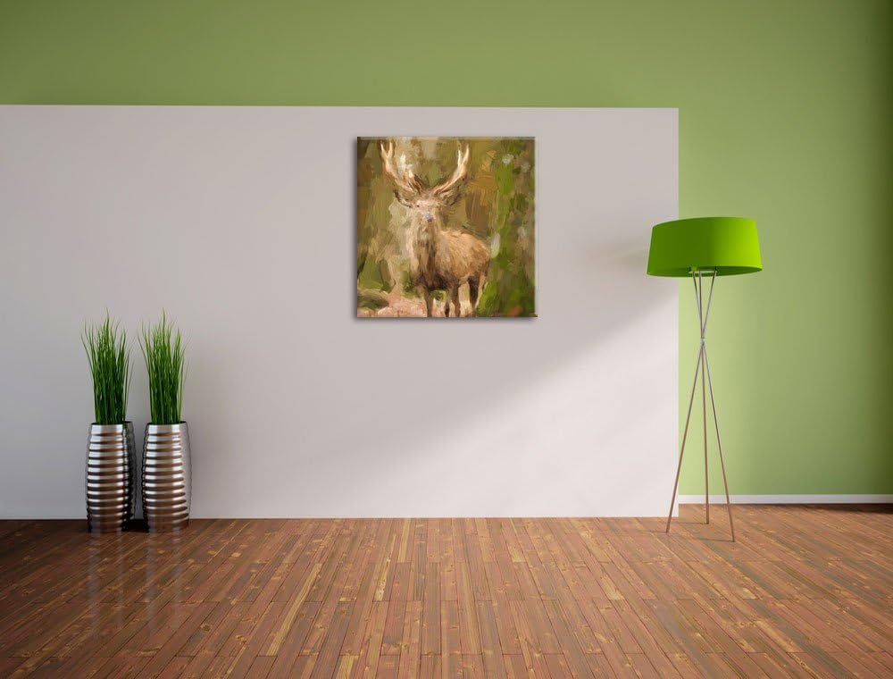 Pixxprint Schöner Hirsch im Wald Pinsel Effekt, Format: 70x70 auf Leinwand, 70x70
