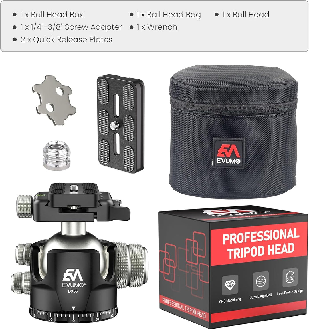 DX55-P Stativ Kugelkopf, 55mm Low Profile Kugelkopf Halterung mit Hebel Lock Picatinny Arca Schweize