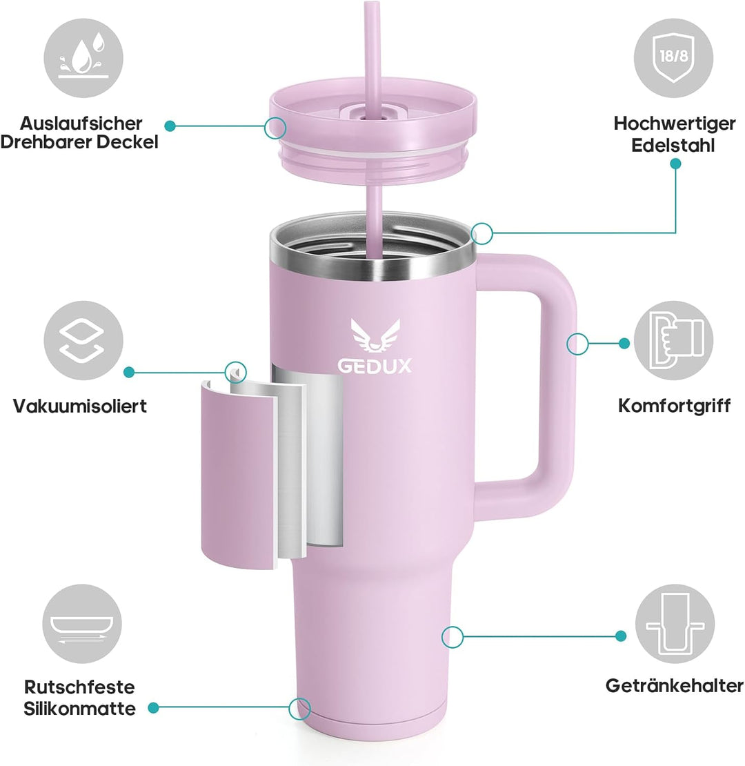 Trinkflasche mit Strohhalm 1.2L - Thermobecher mit Henkel auslaufsicher - Doppelwandige Vakuumisolie
