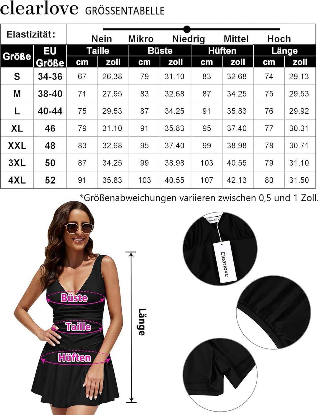 Clearlove Damen Badeanzug Einteiler Schwimmanzug Rüschen Retro Strandmode Einfarbig Bademode Bikini（