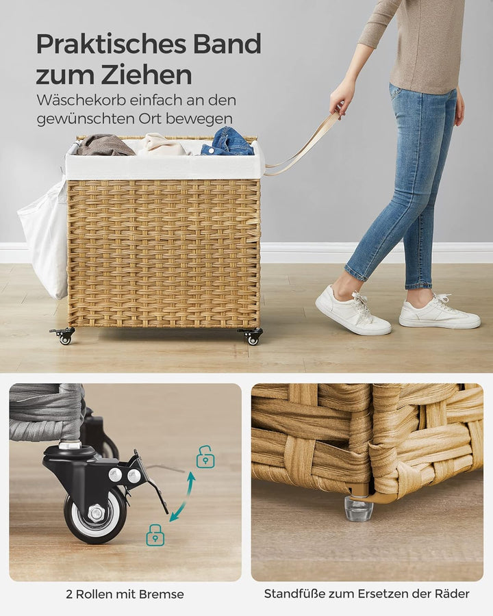 SONGMICS 140L Wäschekorb handgeflochten, Wäschesammler mit Deckel, mit 3 Fächern, faltbar, mit Räder
