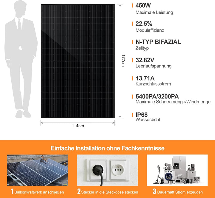 SAKETE Solarpanel 1800W Bifazial (+360W), Solarmodul Doppelglas Full Black, N-Typ Photovoltaik Modul