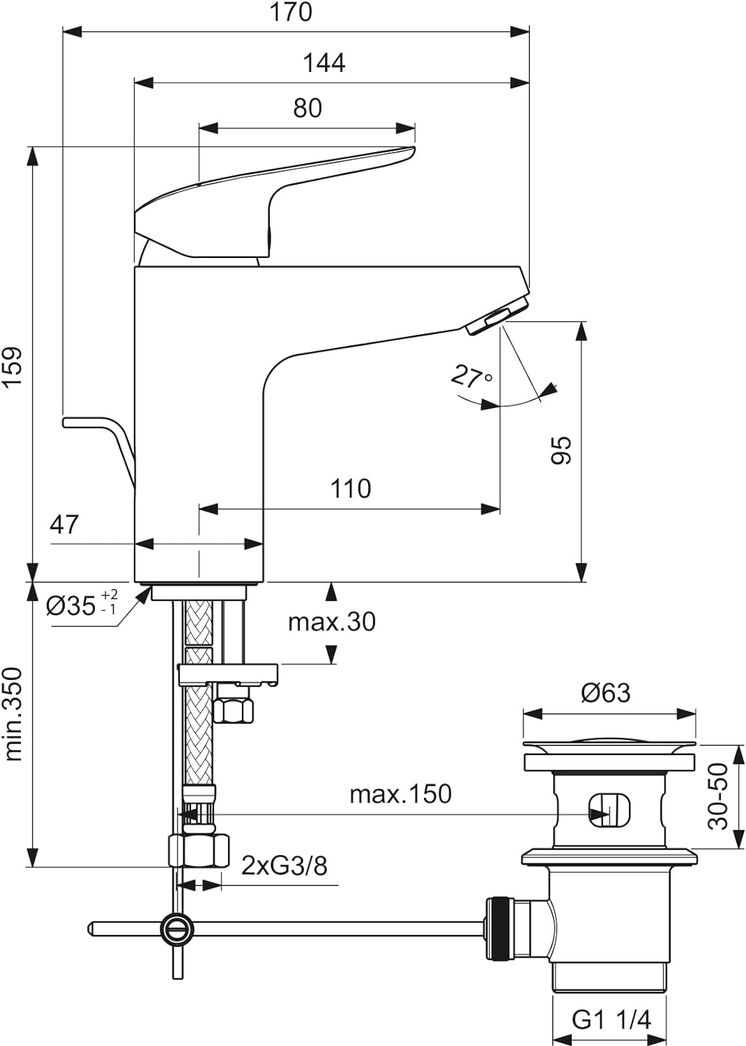 Ideal Standard B1713AA Ceraflex Waschtischarmatur Grande mit Zugknopf-Ablaufgarnitur mit Ablaufgarni