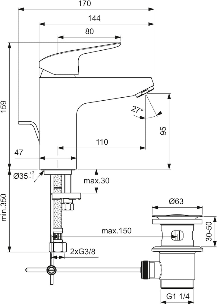 Ideal Standard B1713AA Ceraflex Waschtischarmatur Grande mit Zugknopf-Ablaufgarnitur mit Ablaufgarni