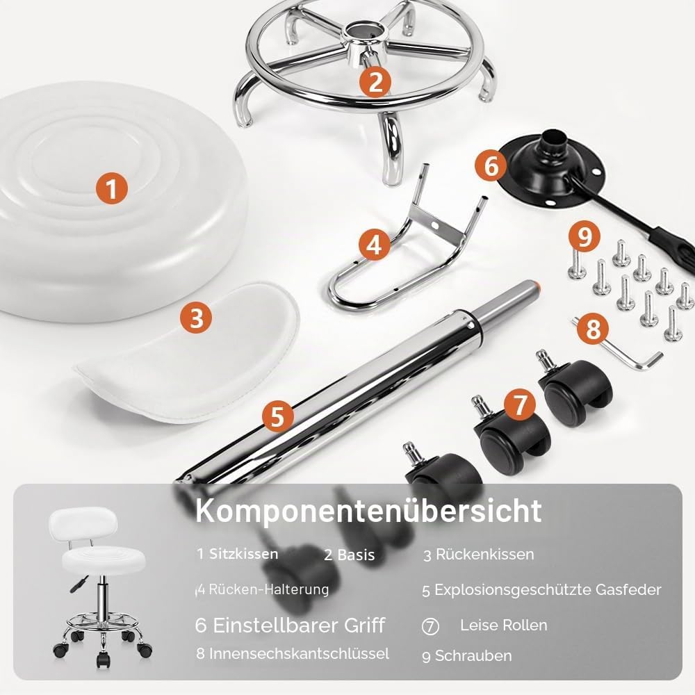 KKTONER Moderner Rollhocker aus PU-Leder mit niedriger Rückenlehne, höhenverstellbar, für Arbeitssal