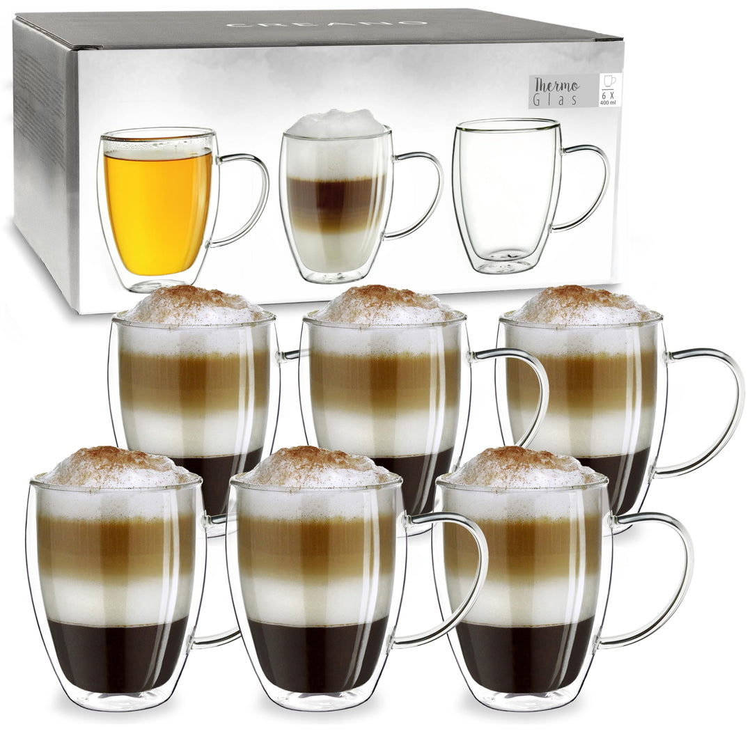 Creano doppelwandiges Thermoglas mit Henkel 400ml, grosses Doppelwandglas aus Borosilikatglas, Kaffe