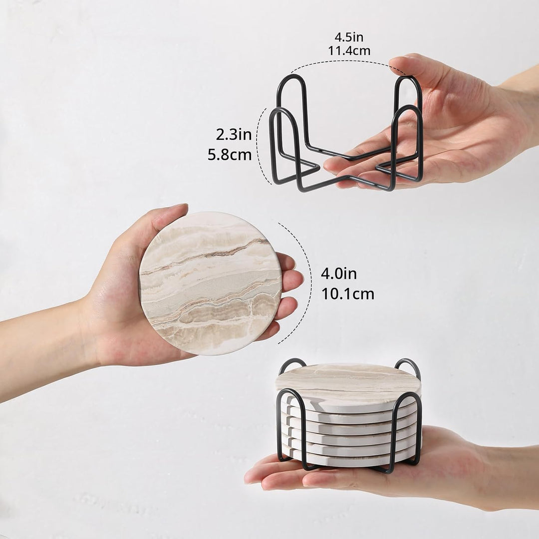 LIFVER Marmor Glas Untersetzer-Set 6er, Absorbierend Mit Korkboden Und Halter, Für Getränke in Bars,