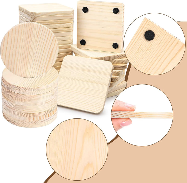 36 Stück Holzuntersetzer Blanko Set - 10cm Glasuntersetzer Holz Rohlinge (24 Eckig, 12 Rund) unbehan