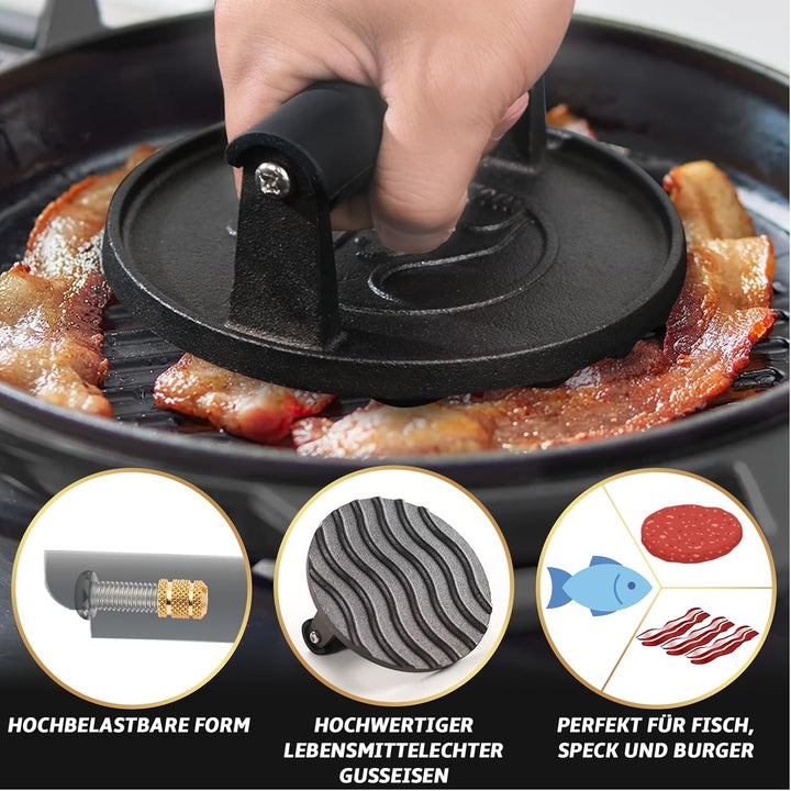 Burgerpresse Gusseisen antihaft | Grosser Burger Smasher (Ø15cm) mit hitzeabweisendem Griff | Fleisc