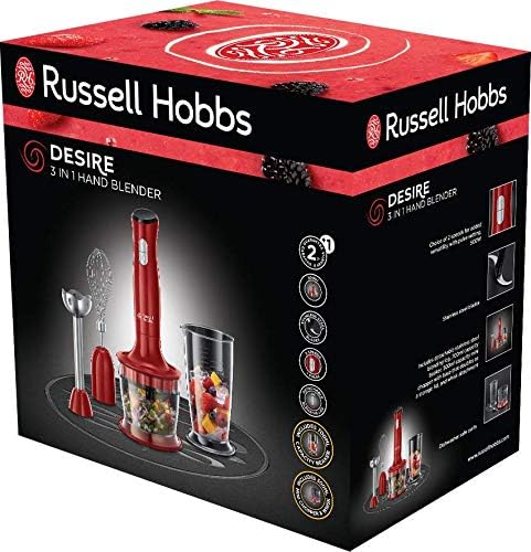 Russell Hobbs Stabmixer [3-in-1: Pürierstab/Zerkleinerer, Mixer- & Schneebesenaufsatz] Desire Rot (B