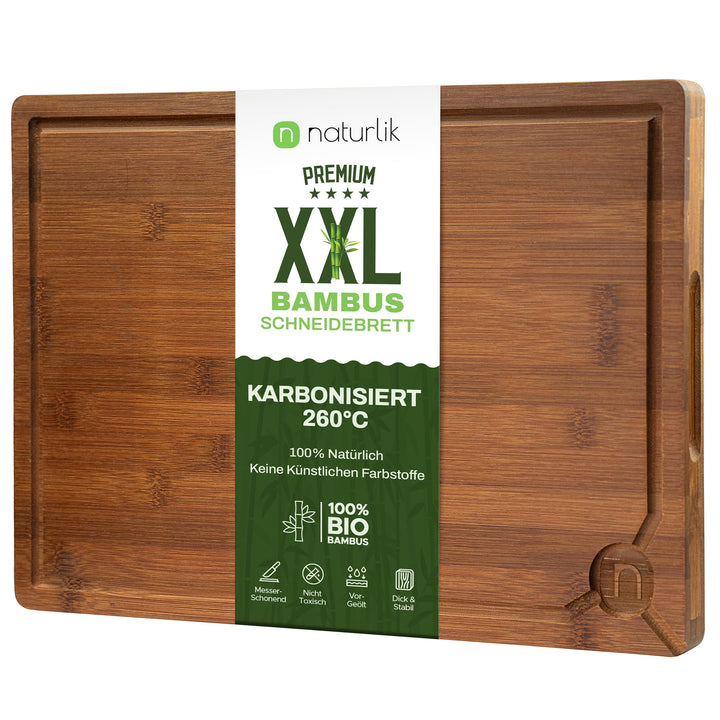 naturlik XXL Schneidebrett Karbonisiert 45x30cm - Grosses Bambus Holzschneidebrett mit Saftrille & G