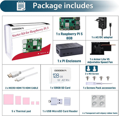 GeeekPi Raspberry Pi 5 8GB Starter Kit mit 64GB SD Karte, Raspberry Pi 5 Gehäuse mit PWM Active Cool