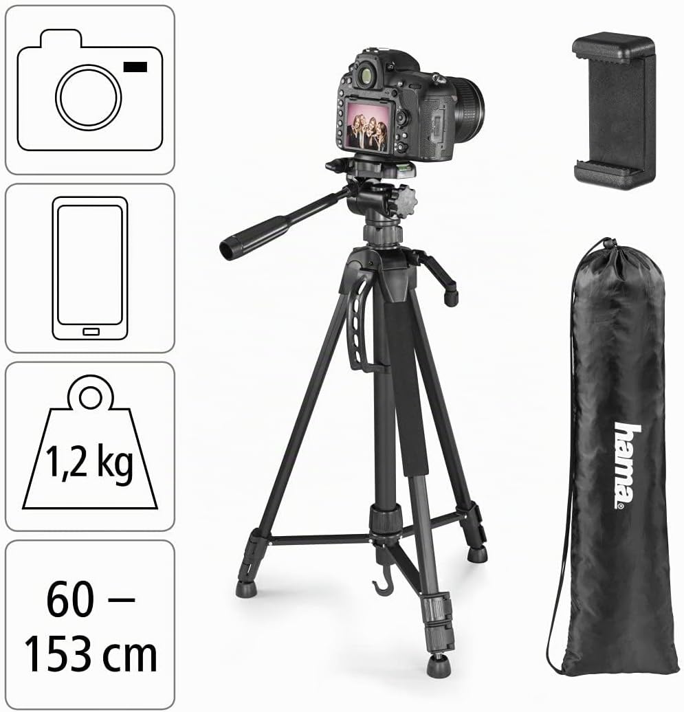 Hama Stativ Kamera "Action 153 3D" (Leichtes Fotostativ inkl. Handy-Halterung, Tripod mit 60-153cm H