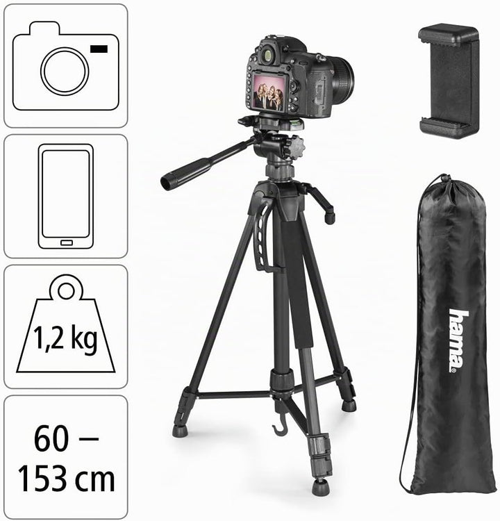 Hama Stativ Kamera "Action 153 3D" (Leichtes Fotostativ inkl. Handy-Halterung, Tripod mit 60-153cm H