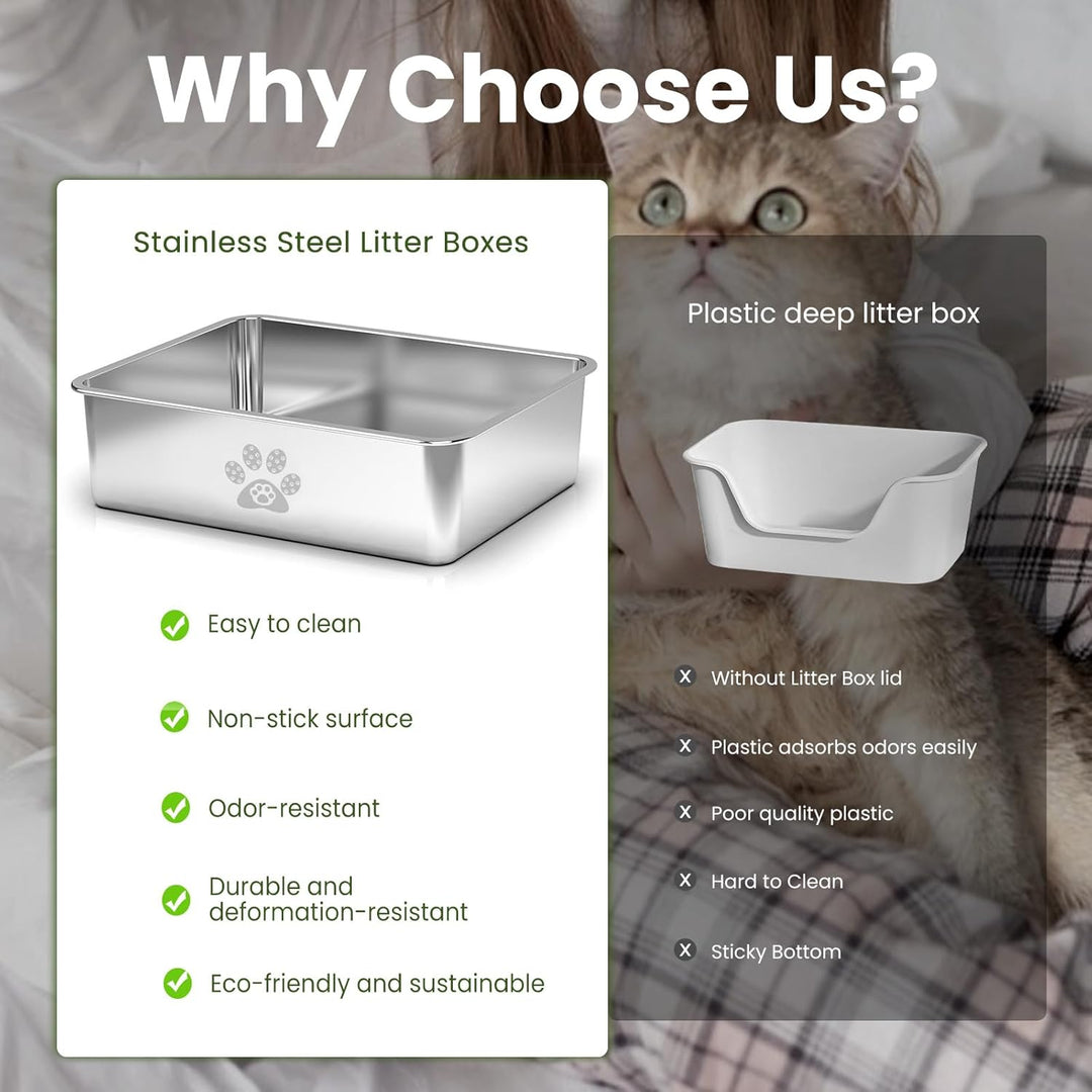 PTLOM Edelstahl Katzenklo, Katzentoilette aus Metall, Spritzwassergeschützt, Geruchsfrei und Antihaf