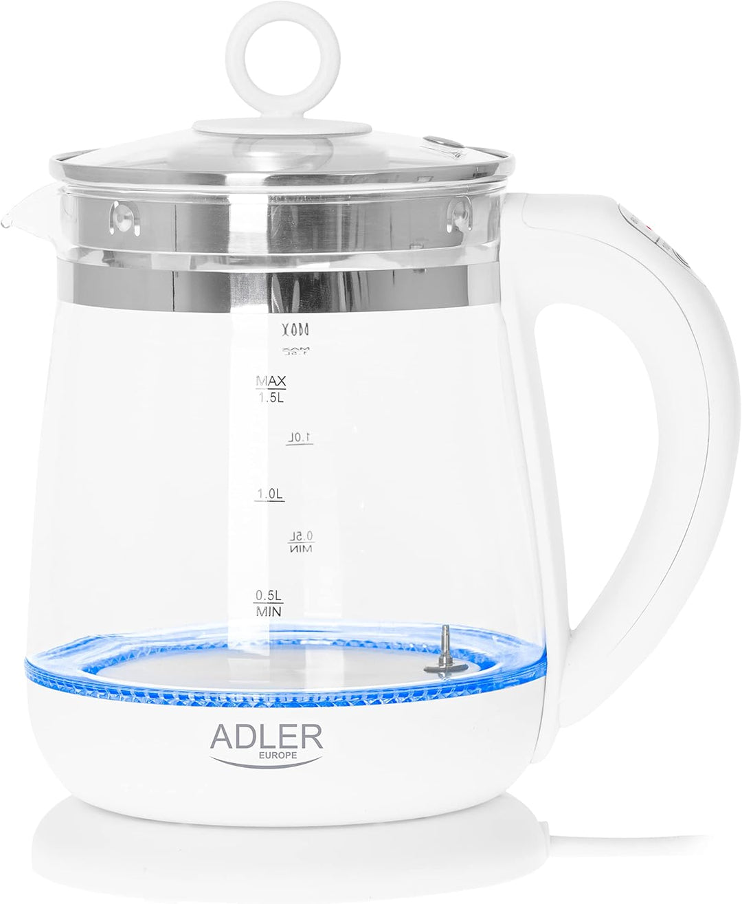 ADLER AD 1299 Elektrischer Wasserkocher aus Glas 1,5 Litern, Beleuchteter Innenraum, Teesieb, Temper