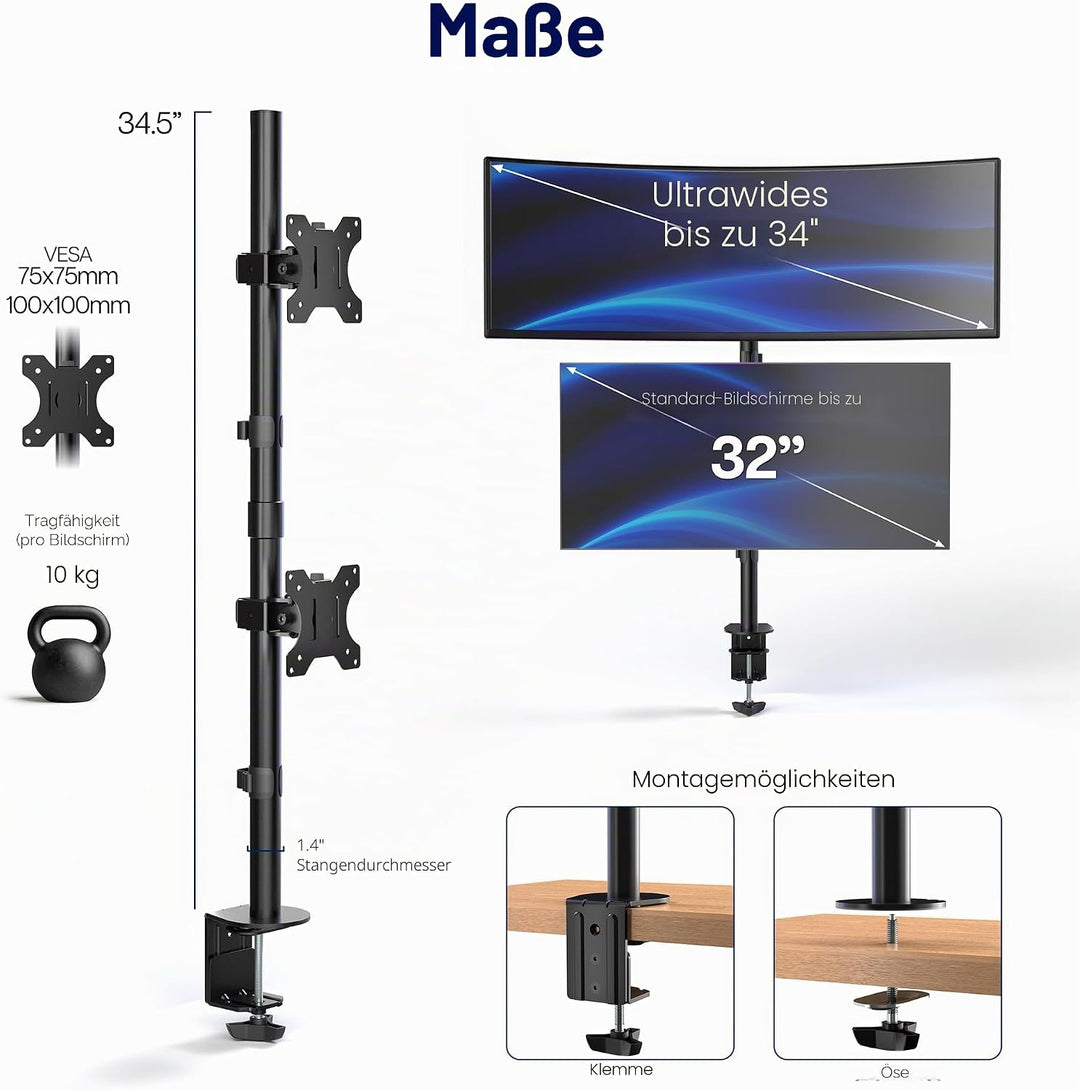 VIVO Dual LCD Monitor Desk Mount Stand Heavy Duty Stacked, Holds Vertical 2 Screens up to 32" (STAND