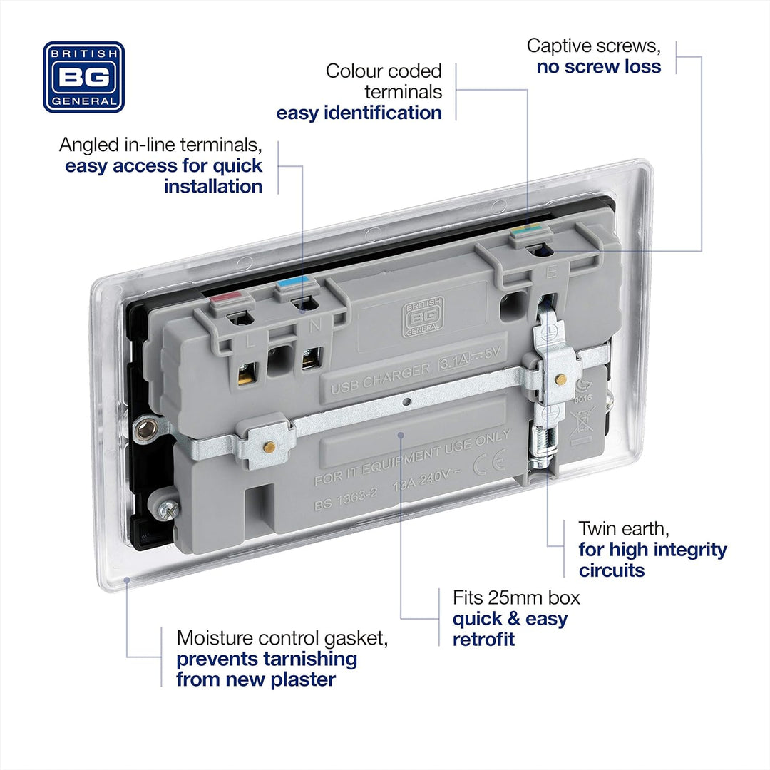 BG Electrical NBS22U3B Nexus Metall, gebürsteter Stahl, doppelt geschaltete 13A-Steckdose mit USB-Au
