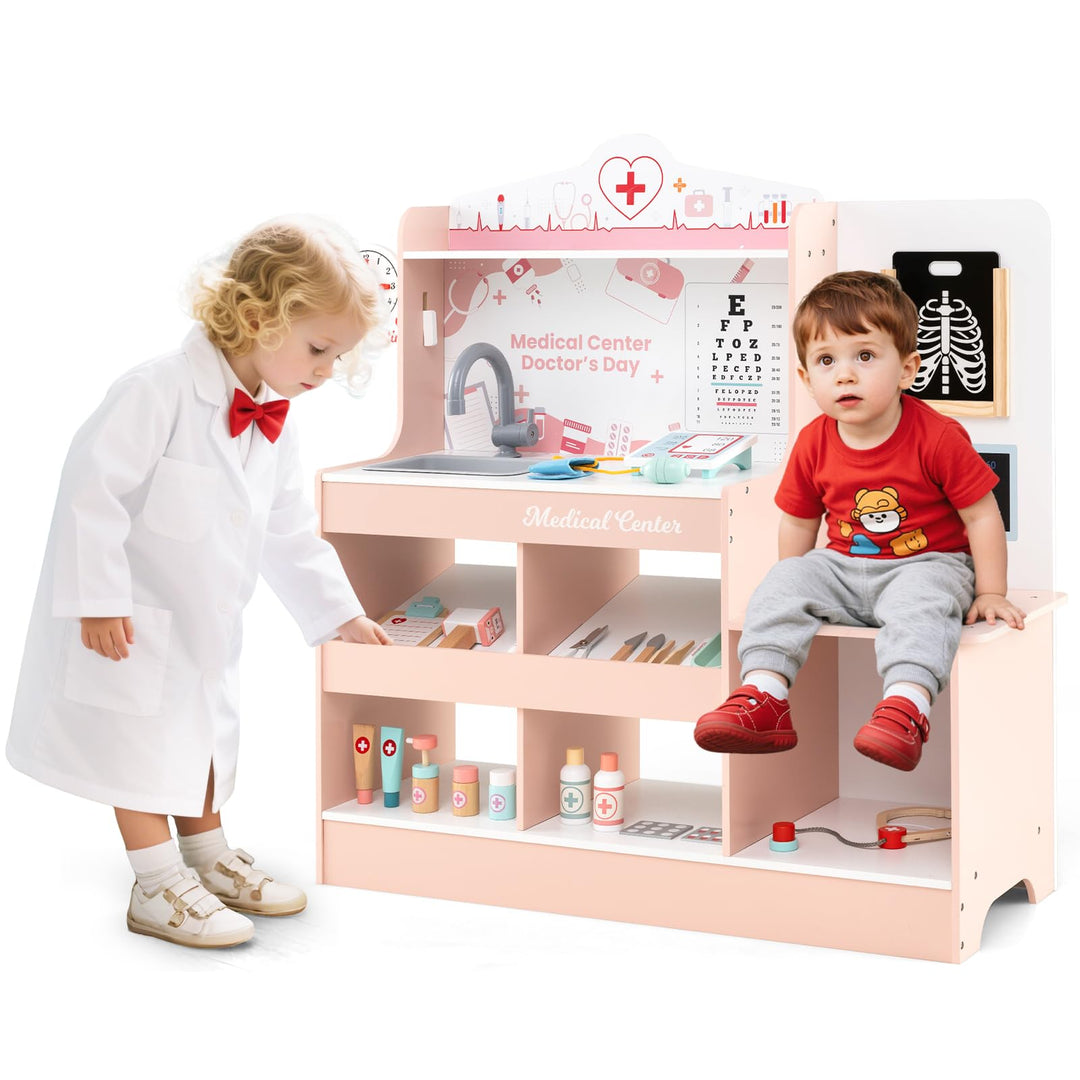 HOMASIS Arzt-Set aus Holz, Arzt-Set für Kinder mit Waschbecken, Sichtprüfung, Elektrokardiogramm, Uh