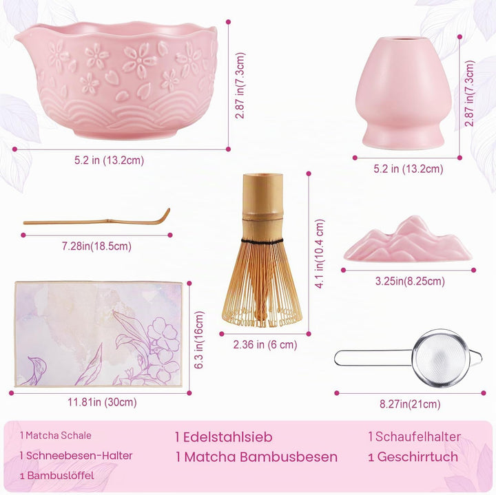 Matcha Set Pink, 8 Stück Matcha Tee Sets mit Matcha Besen und Schale, Schaufel, Löffelständer, Besen