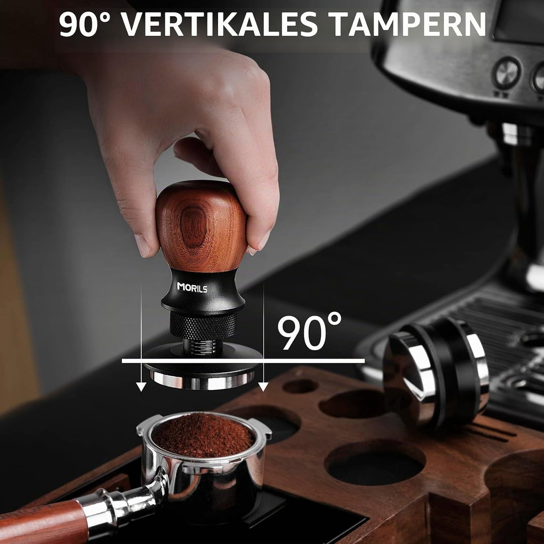 MORILS Kaffee Tamper 53.3mm, Nussholz Espresso Tamper, einstellbare Tiefe, Edelstahl Basis Tamper Pa