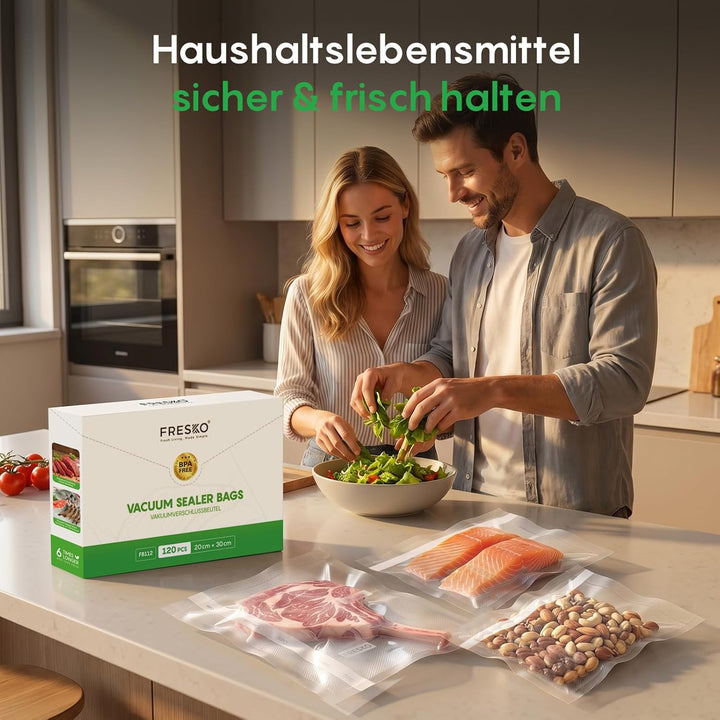 FRESKO Vakuumbeutel, Lebensmittel, 20 x 30 cm, 120 Beutel, geprägt, BPA-frei, Aufbewahrung, Einfrier