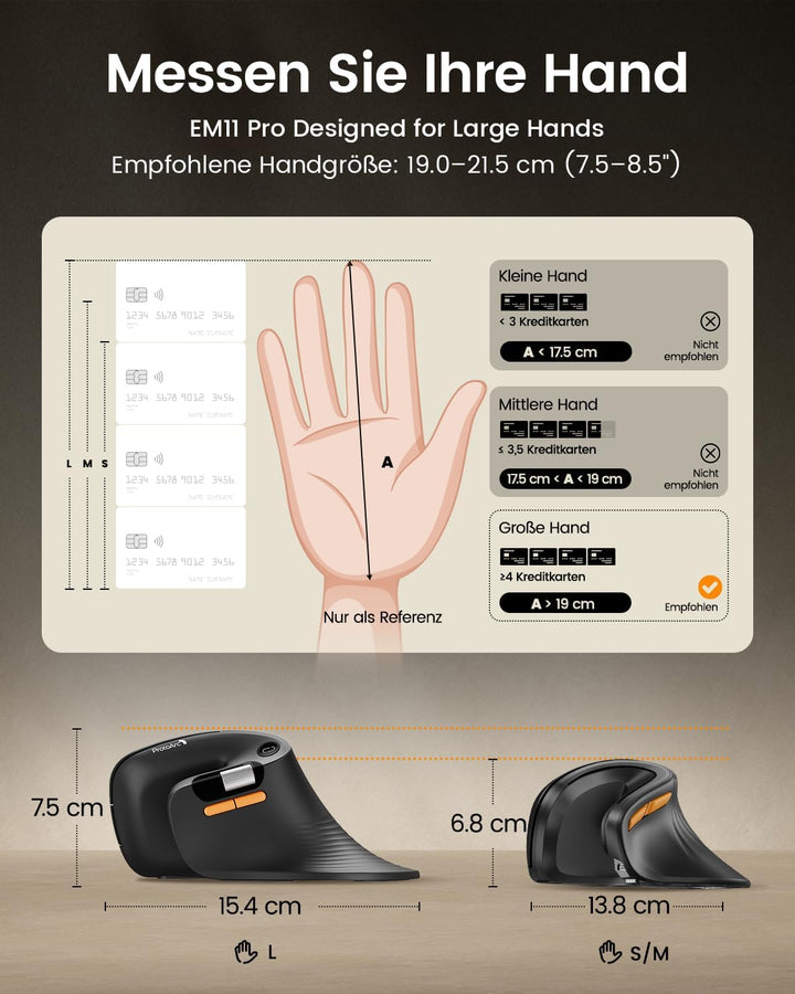 ProtoArc EM11 Pro Ergonomische Vertikale Maus mit Seitenscroll, Anpassbare Tasten, 2*Bluetooth + 2,4