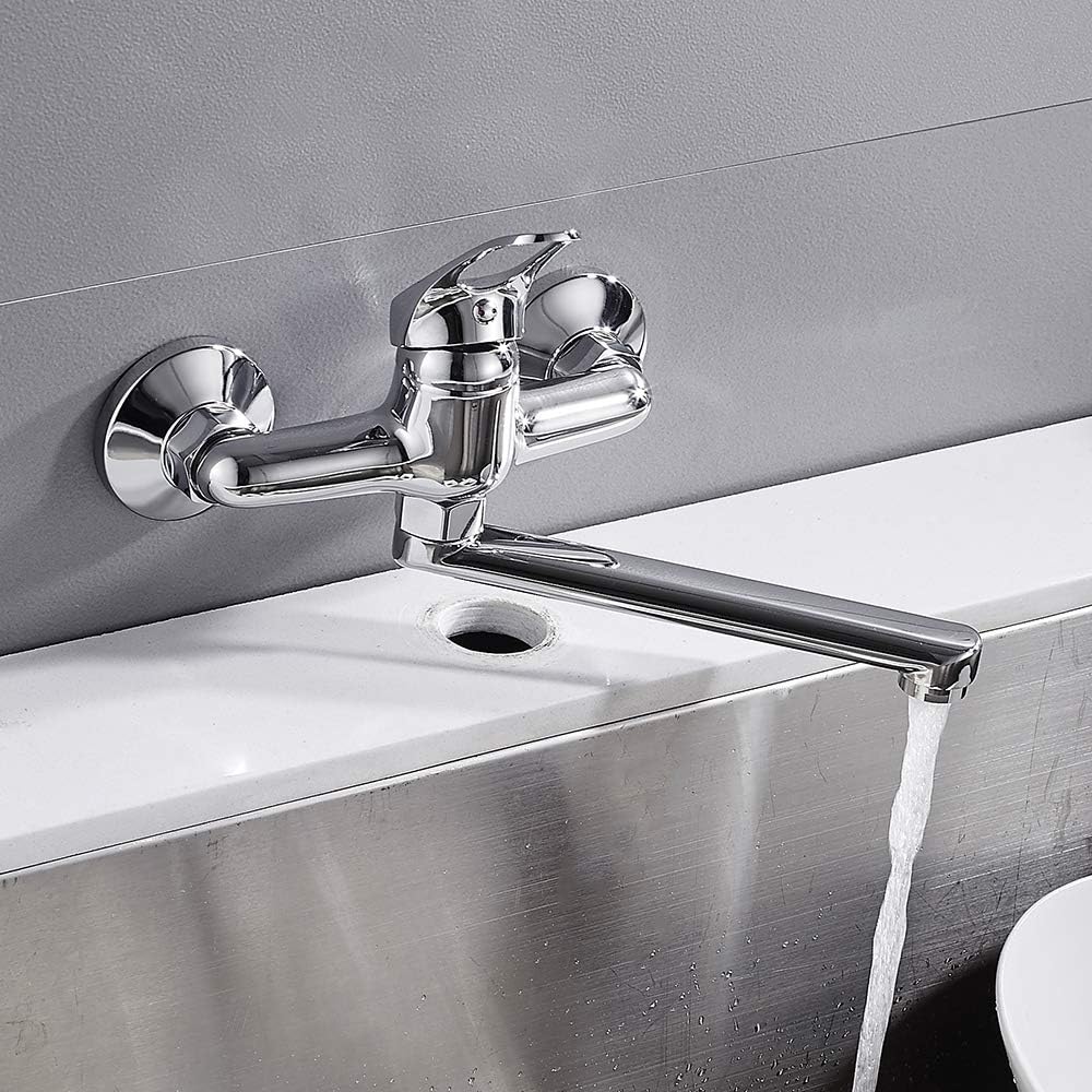 Küchenarmatur, Wandmontage mit 360° Drehung, Auslauf für Waschbecken, Abstand Waschbecken 15 cm (Sil