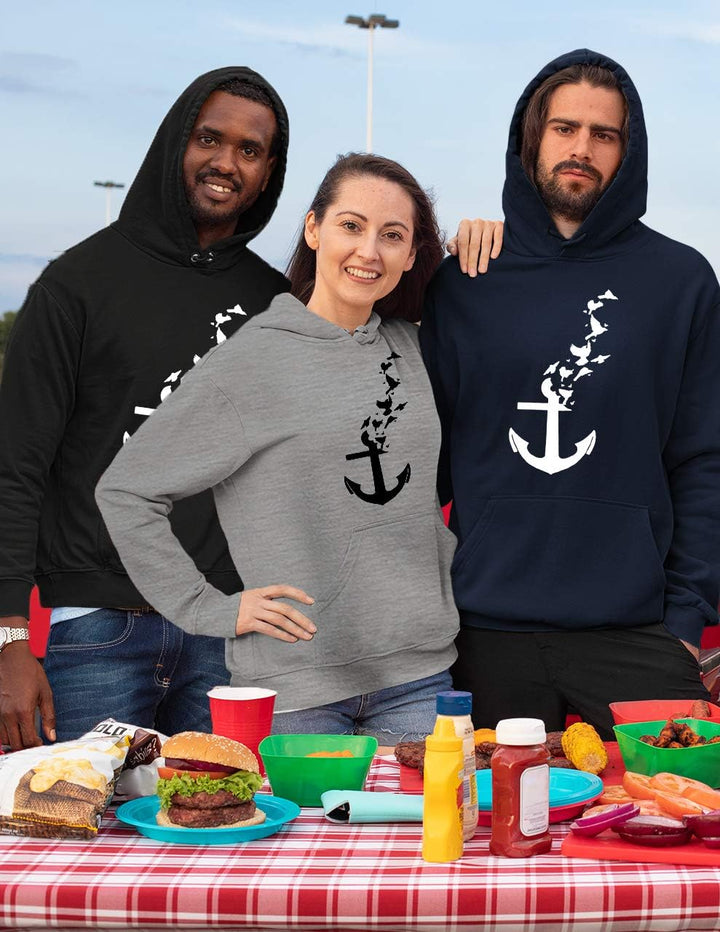 OM3® Birds Anchor Hoodie | Herren | Anker Nautical Seagull Sailor | Kapuzen-Pullover Grau Meliert, X